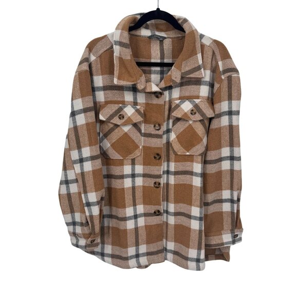 Members Mark Shacket Womens XXL Brown Gray Plaid Polyester Pockets - Picture 1 of 9